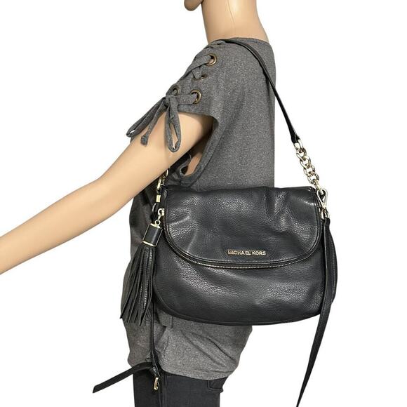 Michael Kors Bedford Flap Tassel Black Pebbled Leather Shoulder Bag Purse - Picture 14 of 16